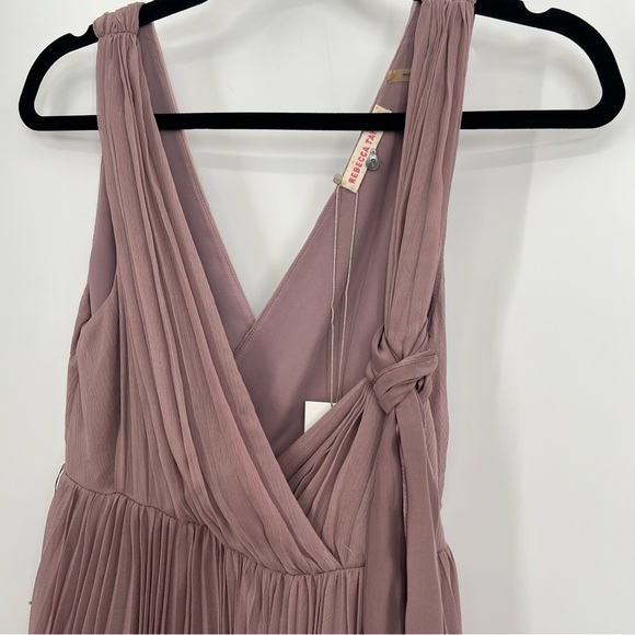 NWT Rebecca Taylor V-Neck Pleated Minj Dress Wedding Rose Chiffon Tie Waist 6 - Picture 4 of 6